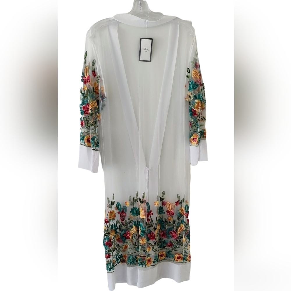 TRIBE Sheer Embroidered Floral Chiffon Kimono White Size One Size - Picture 3 of 5